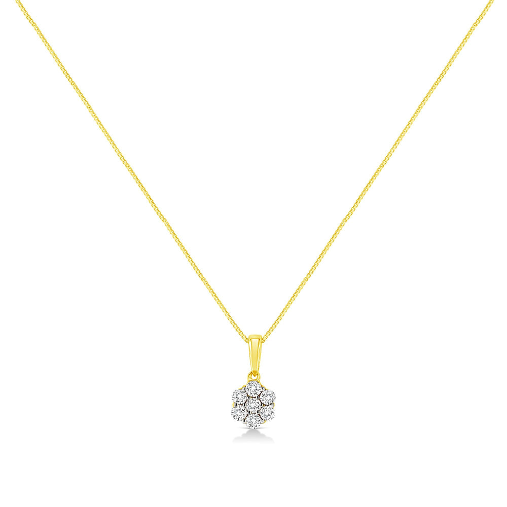 14K Yellow Gold 1/4 Cttw Prong Set Round-Cut Diamond 7 Stone Floral Cluster 18" Pendant Necklace (H-I Color, I1-I2 Clarity)