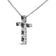 .925 Sterling Silver 1/2 Cttw Alternating Black and White Diamond Cross Pendant Necklace  (Treated Black and H-I Color, I3 Clarity) - 18"