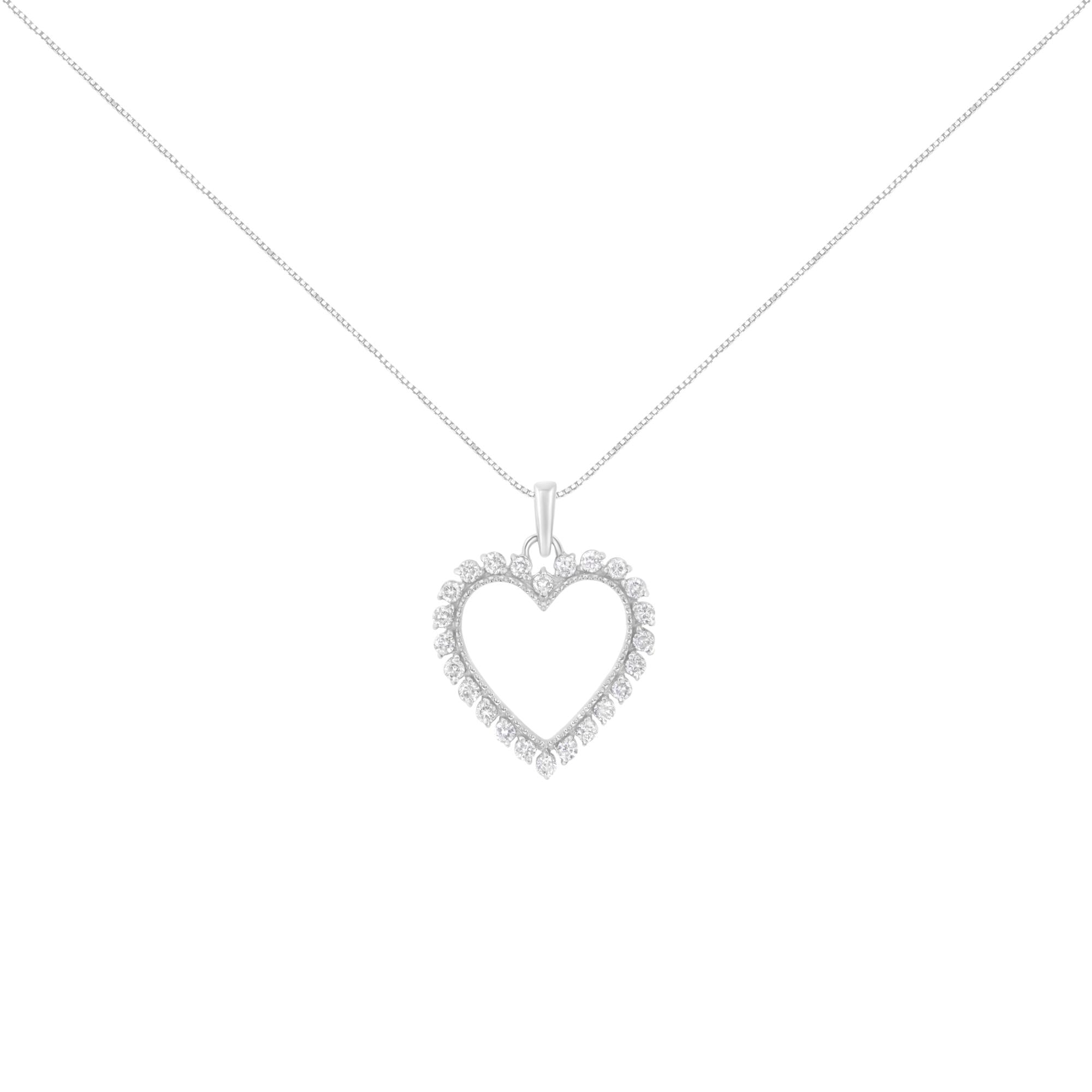 .925 Sterling Silver 1/2 Cttw Prong Set Diamond Encrusted Open Heart 18" Inch Pendant Necklace (I-J Color, I1-I2 Clarity)