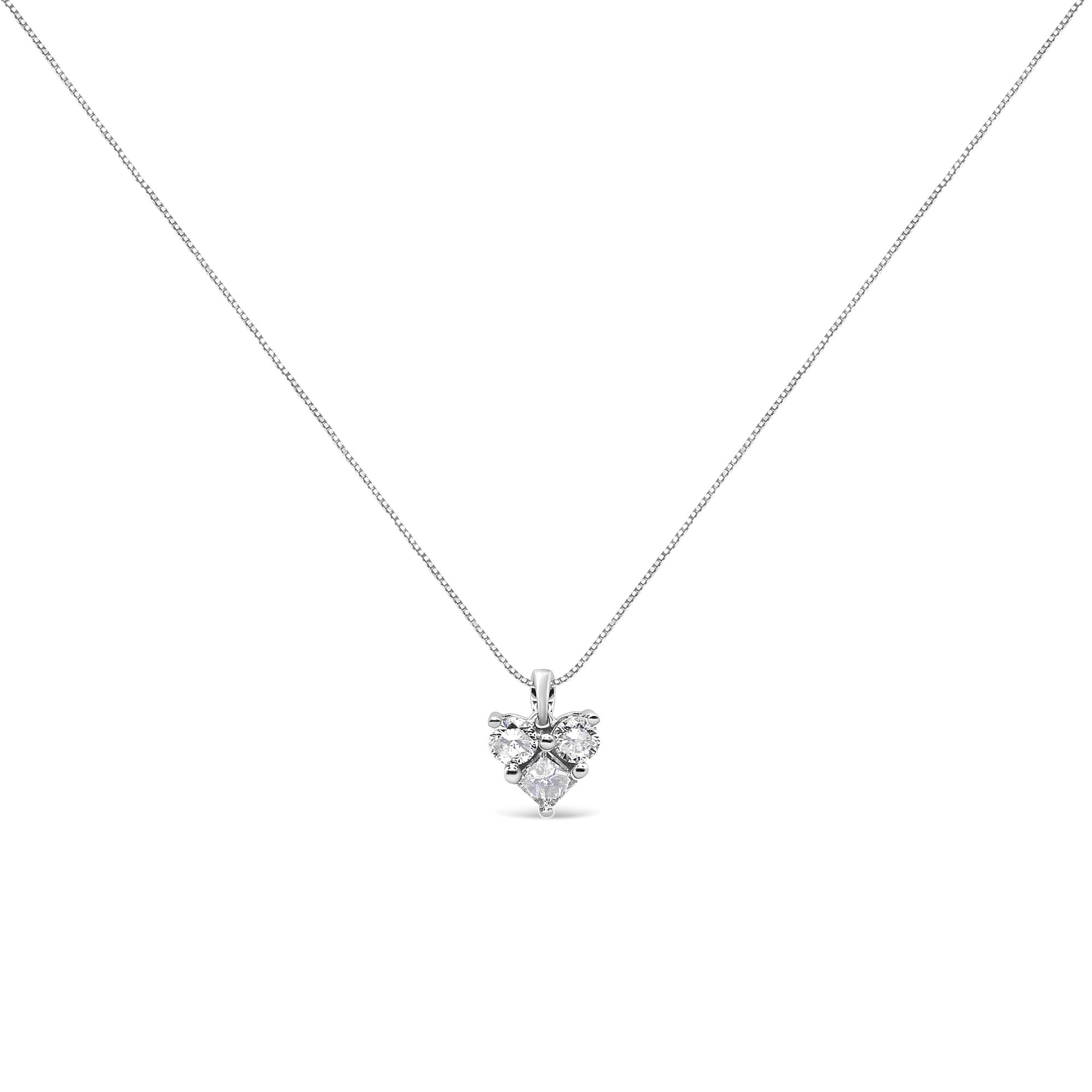 10K White Gold 1/4 Cttw Diamond 3 Stone Heart Shaped Pendant 18" Necklace (J-K Color, I1-I2 Clarity)