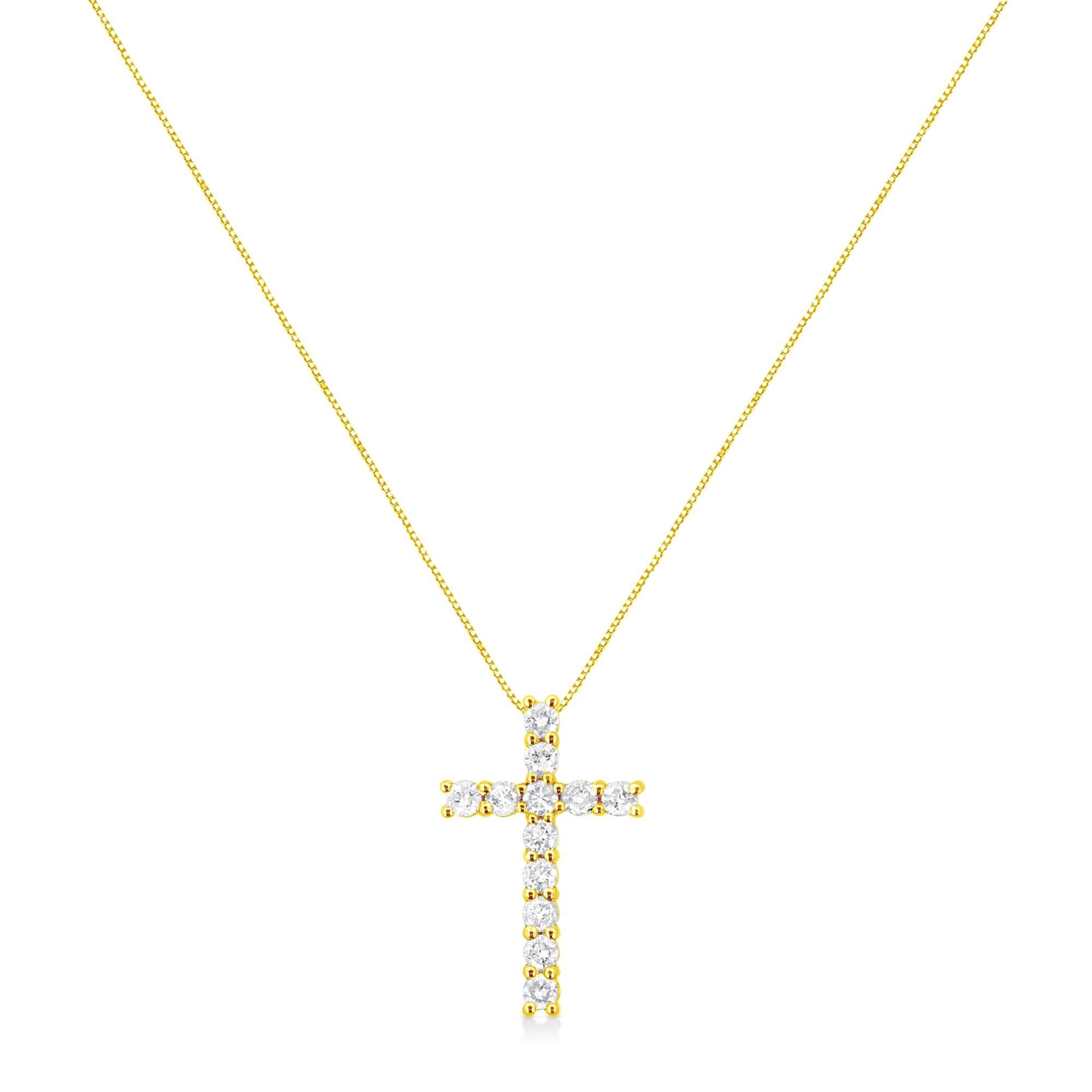 10K Yellow Gold 1.0 Cttw Shared Prong Set Round Brilliant Cut Diamond Cross 18" Pendant Necklace (J-K Color, I2-I3 Clarity)