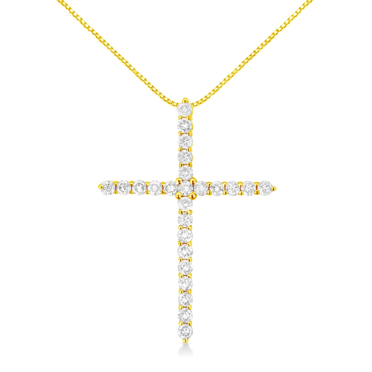 10K Yellow Gold 2.0 Cttw Round Brilliant Cut Diamond Cross Pendant Necklace with Box Chain (J-K Color, I2-I3 Clarity) - 18"
