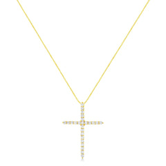 10K Yellow Gold 2.0 Cttw Round Brilliant Cut Diamond Cross Pendant Necklace with Box Chain (J-K Color, I2-I3 Clarity) - 18"