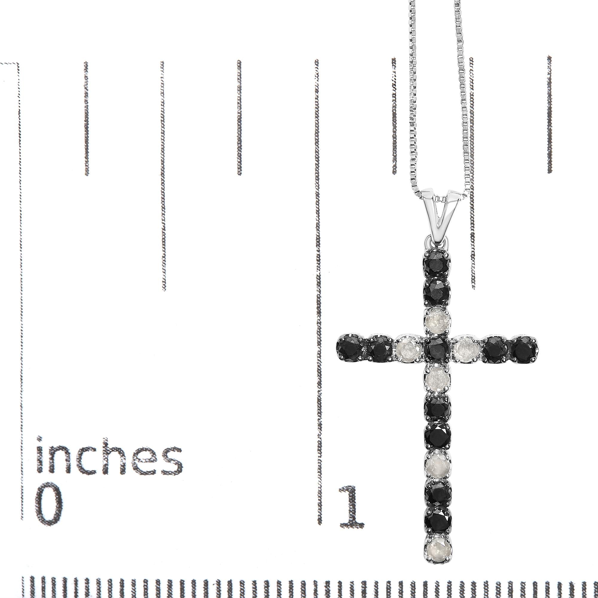 .925 Sterling Silver 2.0 Cttw Prong Set Round Natural Treated Black and White Diamond Cross Pendant Necklace - 18" (Black/H-I Color, I3 Clarity)