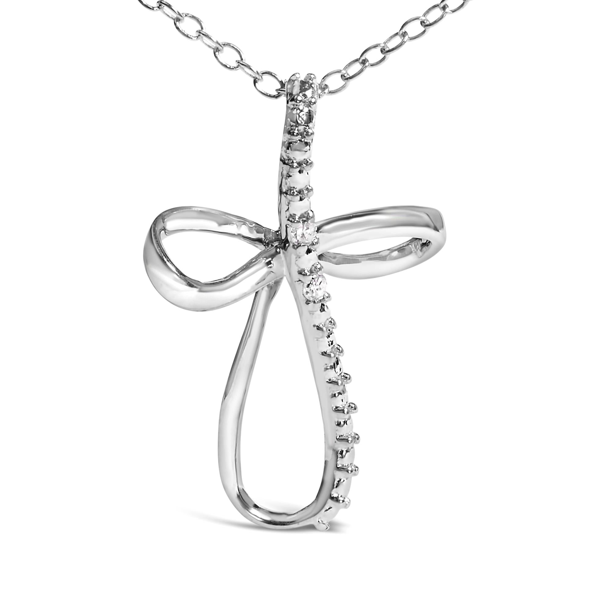 .925 Sterling Silver Diamond Accent Cross Ribbon 18" Pendant Necklace (I-J Color, I2-I3 Clarity)