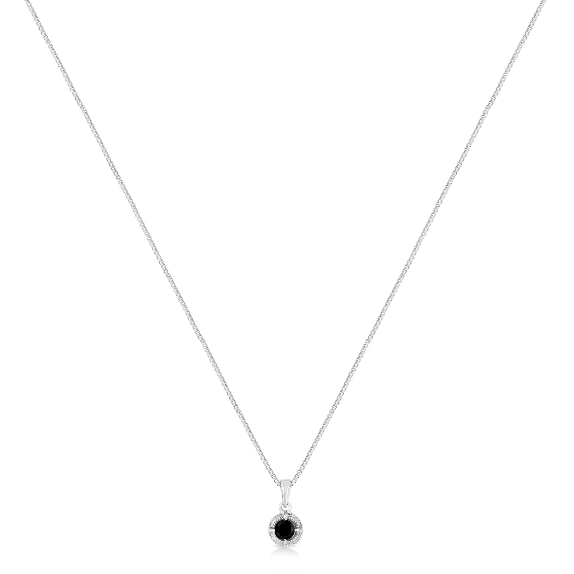 .925 Sterling Silver Treated Color Diamond Solitaire 18" Milgrain Pendant Necklace