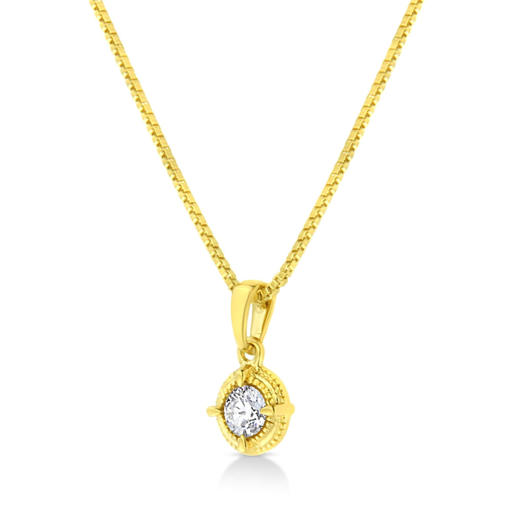 14K Yellow Gold Plated .925 Sterling Silver Brilliant Round Cut Diamond Solitaire Milgrain 18" Pendant Necklace
