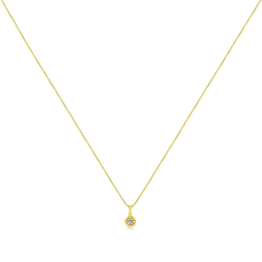 14K Yellow Gold Plated .925 Sterling Silver Brilliant Round Cut Diamond Solitaire Milgrain 18" Pendant Necklace