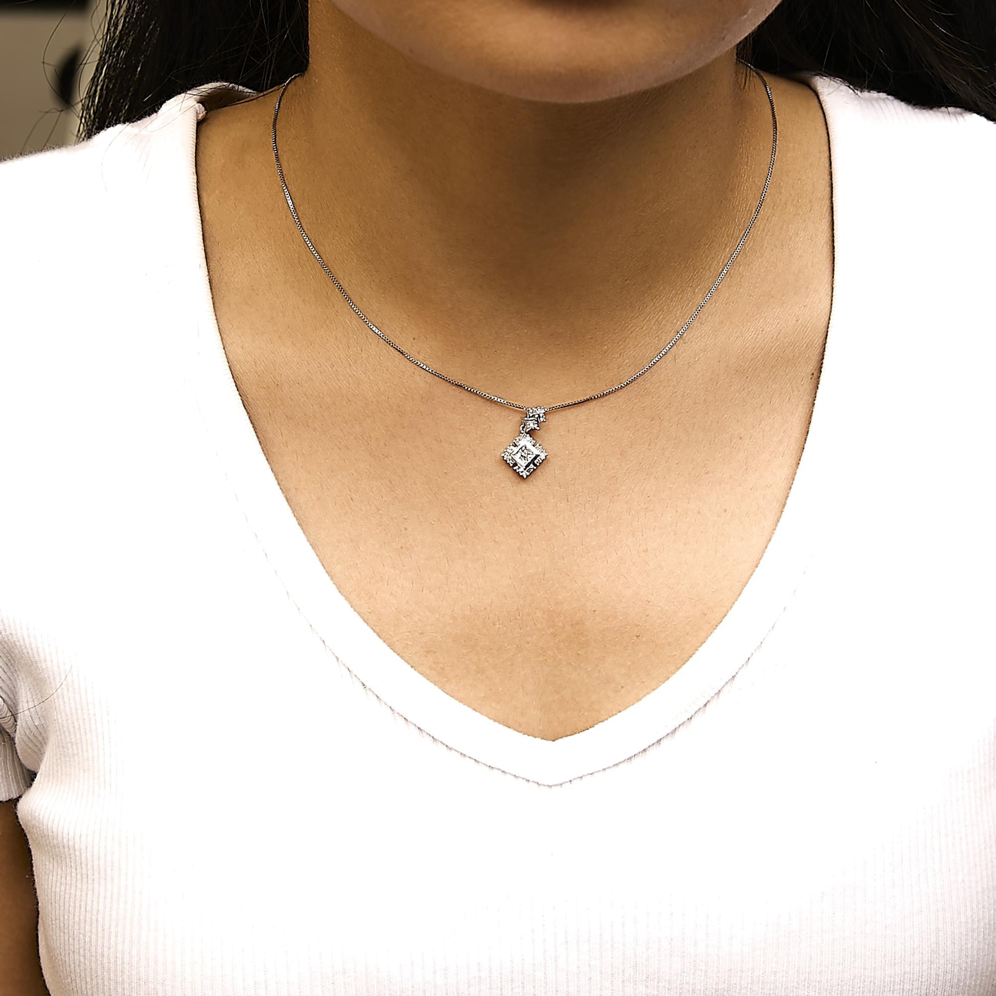 10K White Gold 1/2 Cttw Princess Cut Rhombus Drop Pendant Necklace