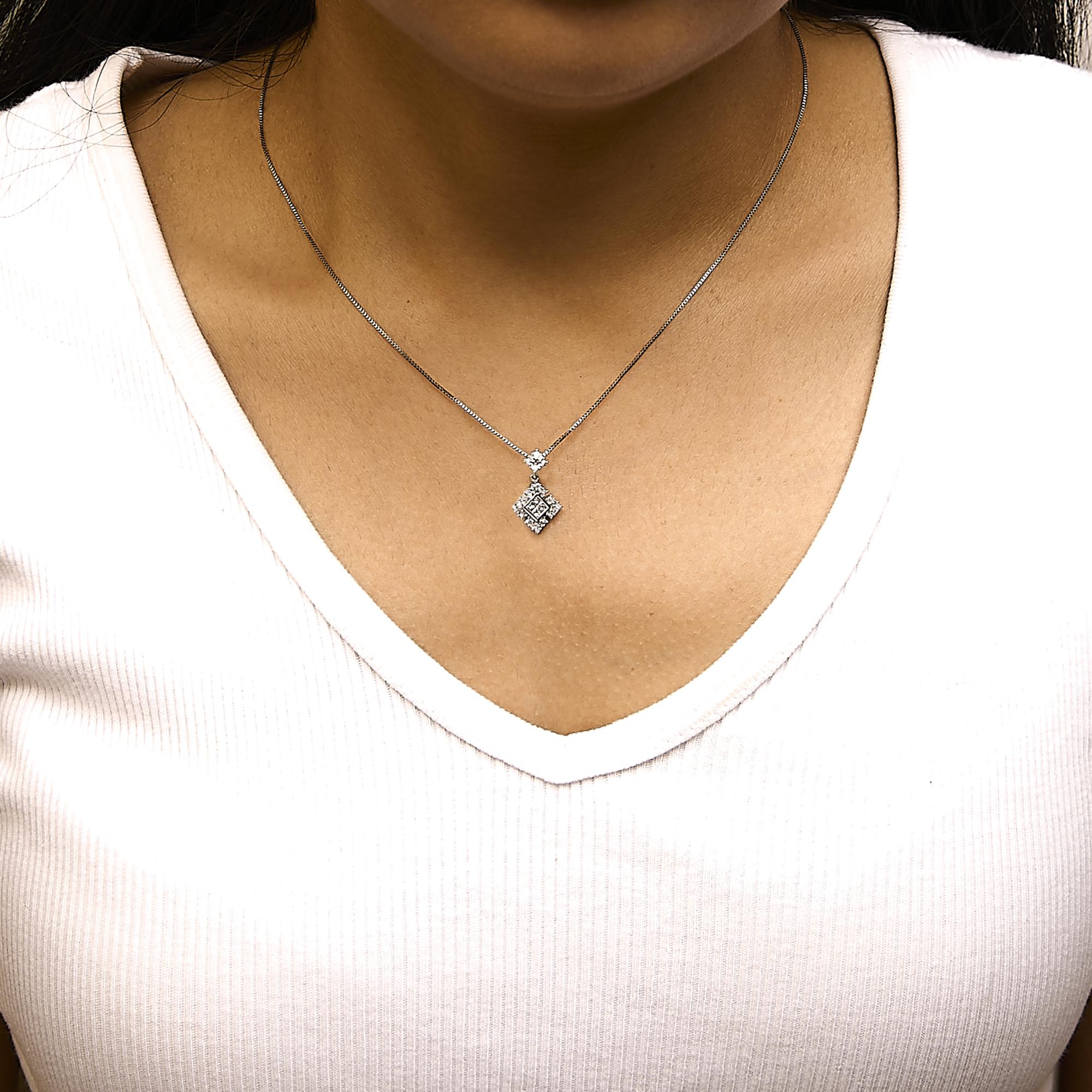 10K White Gold Princess Cut Diamond Geometric Pendant Necklace