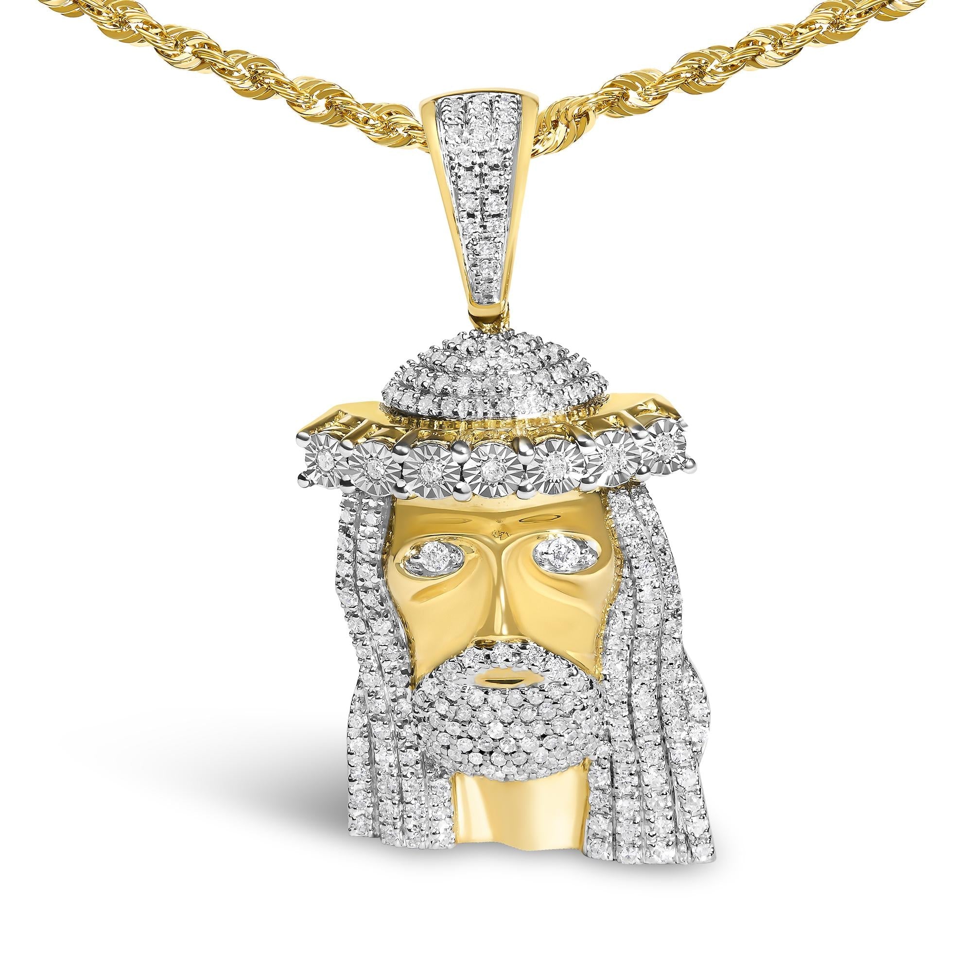 Men's 10K Yellow Gold 1 1/3 Cttw Diamond Studded Jesus Pendant Necklace