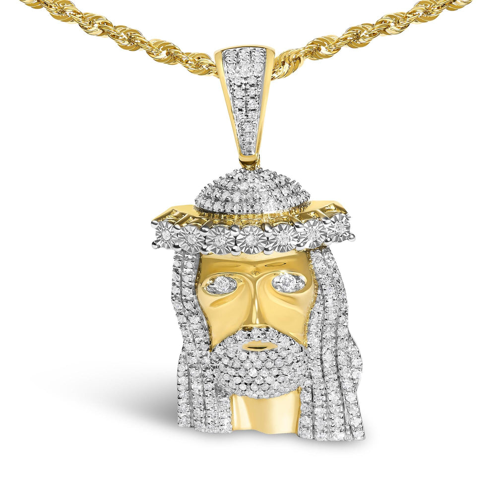 Men's 10K Yellow Gold 1 1/3 Cttw Diamond Studded Jesus Pendant Necklace