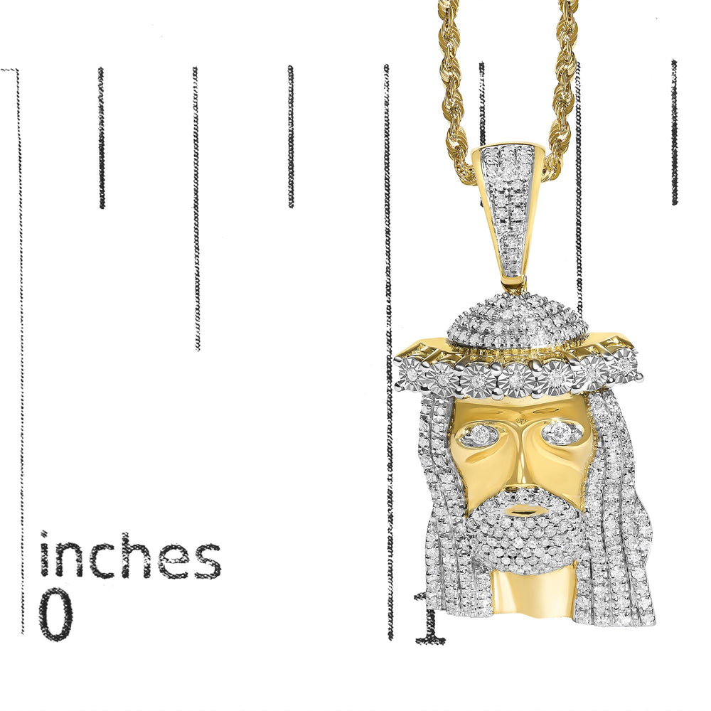 Men's 10K Yellow Gold 1 1/3 Cttw Diamond Studded Jesus Pendant Necklace