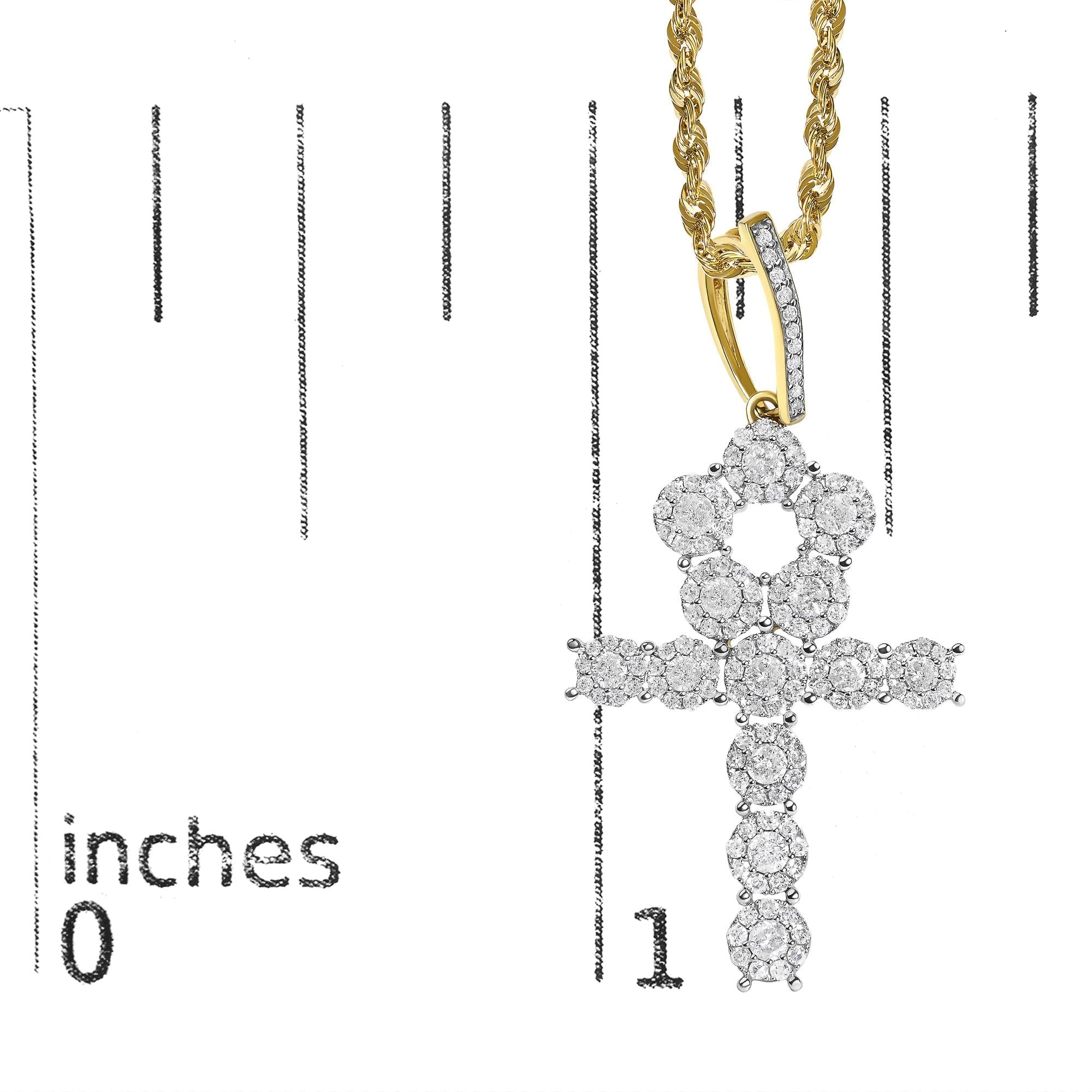 Men's 10K Yellow Gold 1 3/4 Cttw Diamond Cluster Ankh Cross Pendant Necklace - 18" Inches