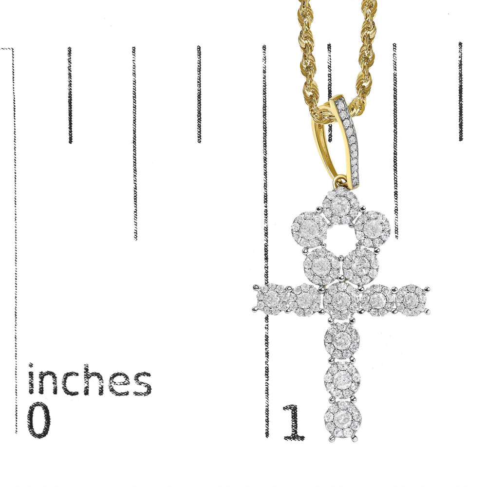 Men's 10K Yellow Gold 1 3/4 Cttw Diamond Cluster Ankh Cross Pendant Necklace - 18" Inches