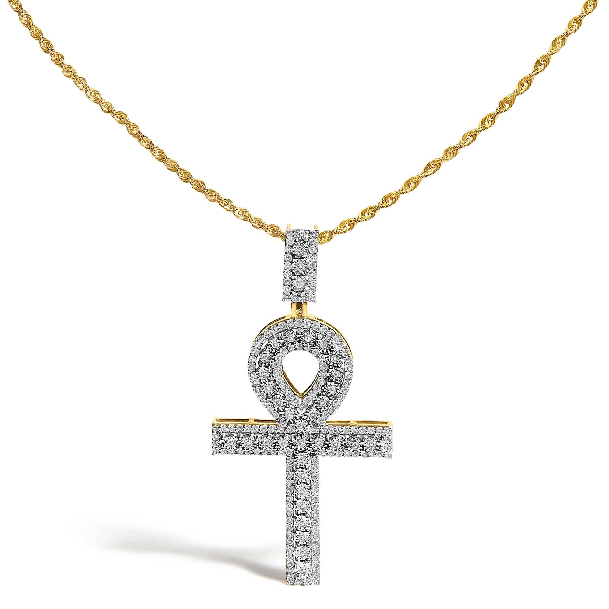 Men's 10K Yellow Gold 1.00 Cttw Diamond Ankh Cross Pendant Necklace