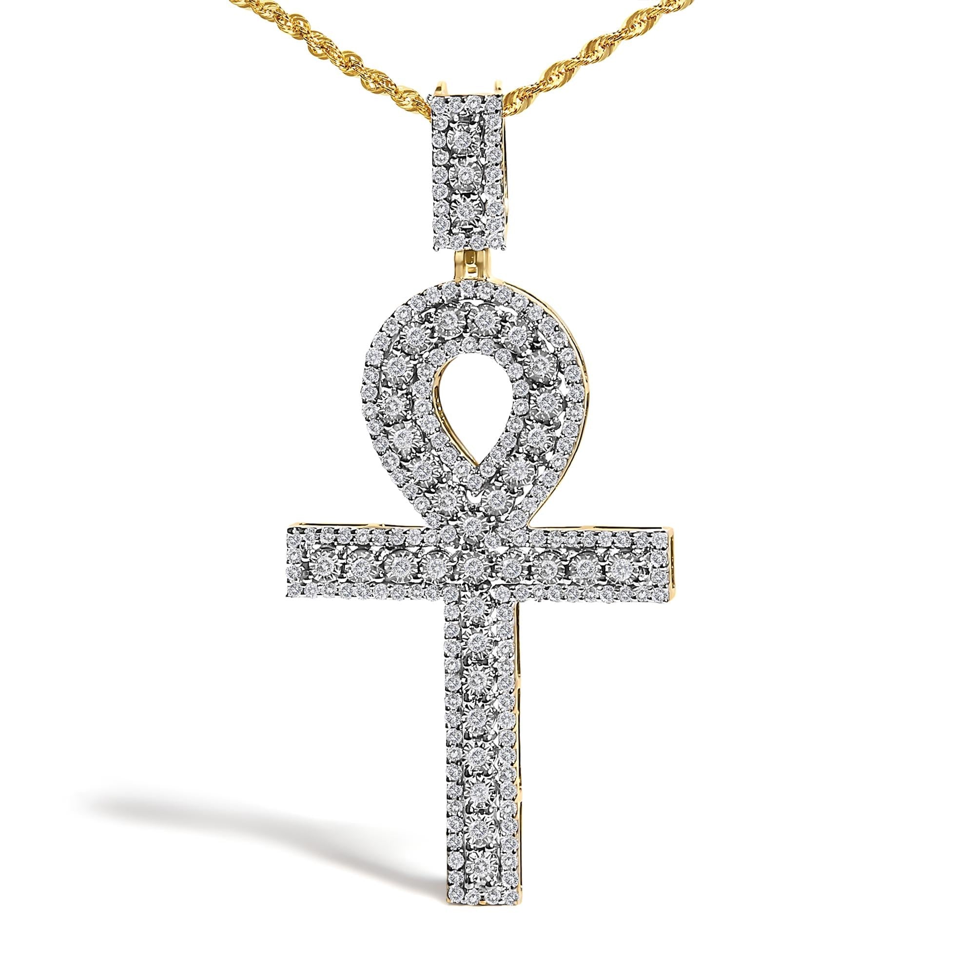 Men's 10K Yellow Gold 1.00 Cttw Diamond Ankh Cross Pendant Necklace