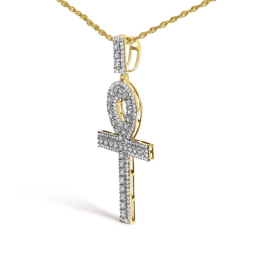 Men's 10K Yellow Gold 1.00 Cttw Diamond Ankh Cross Pendant Necklace