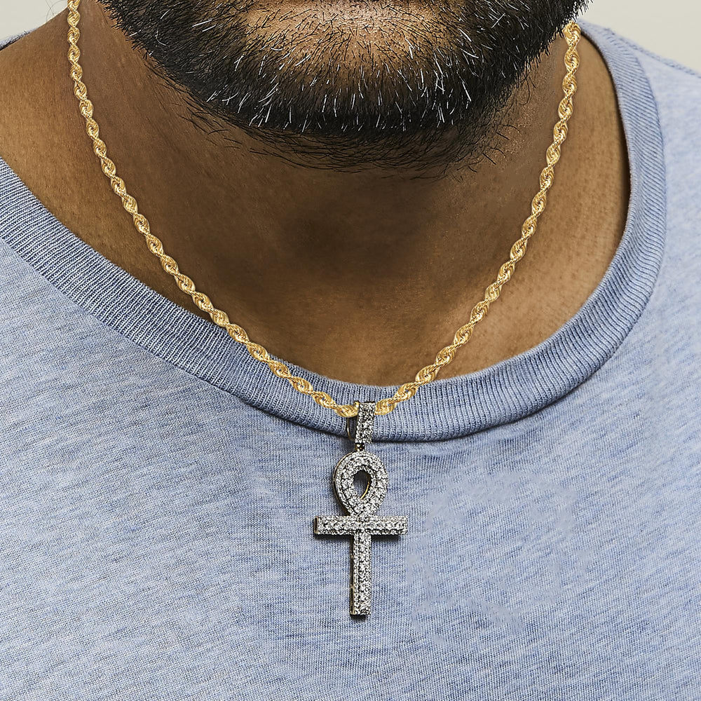 Men's 10K Yellow Gold 1.00 Cttw Diamond Ankh Cross Pendant Necklace