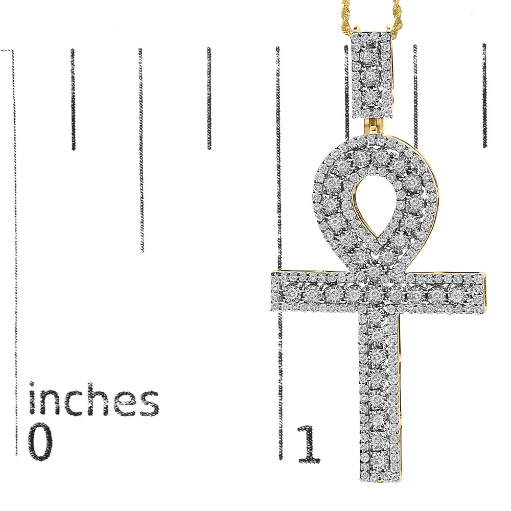 Men's 10K Yellow Gold 1.00 Cttw Diamond Ankh Cross Pendant Necklace