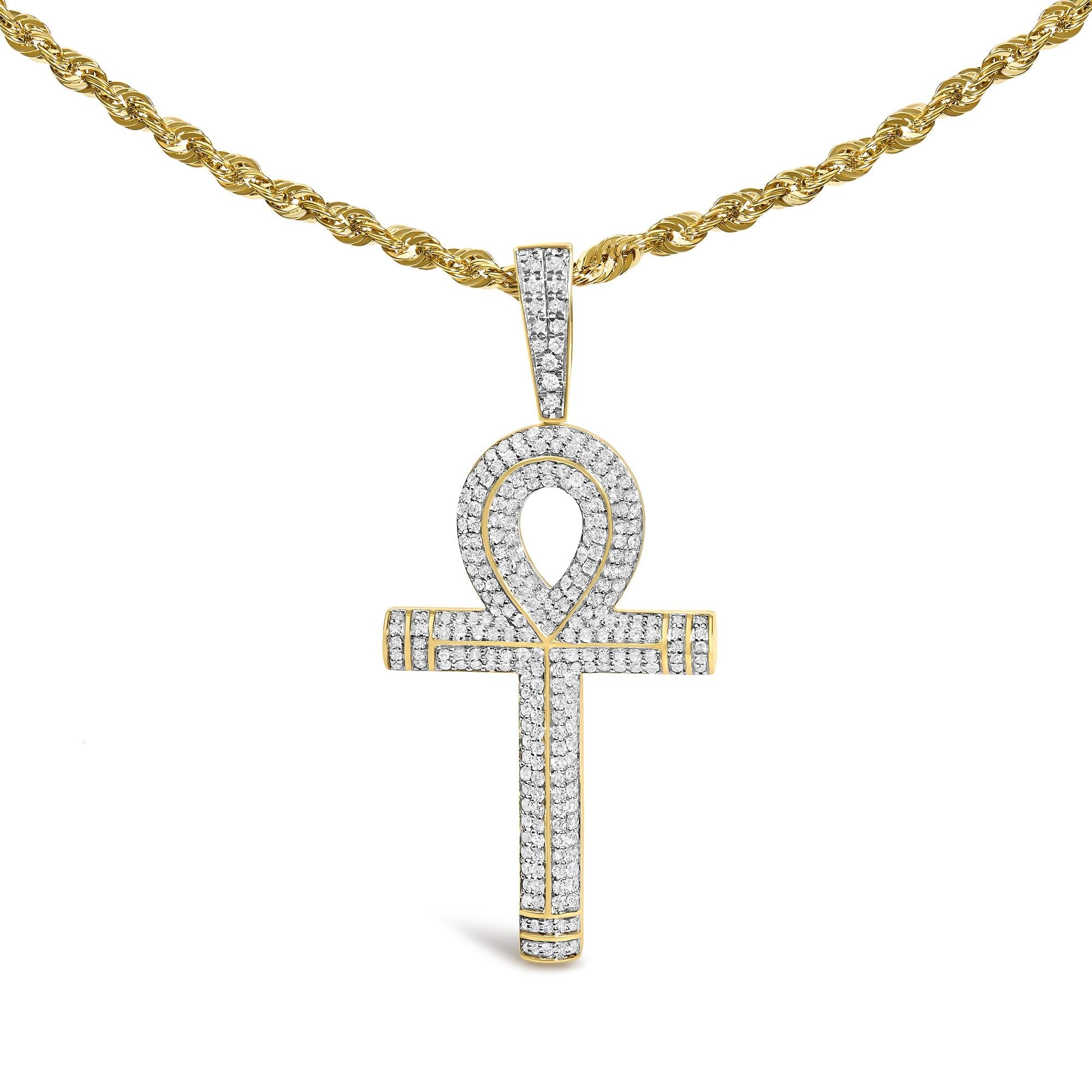 10K Yellow Gold 1 7/8 Cttw Round Diamond Ankh Cross Pendant Necklace for Men (H-I Color, SI1-SI2 Clarity)