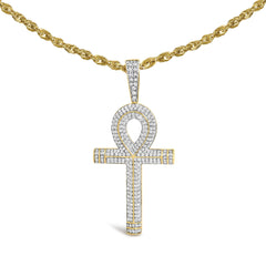 10K Yellow Gold 1 7/8 Cttw Round Diamond Ankh Cross Pendant Necklace for Men (H-I Color, SI1-SI2 Clarity)