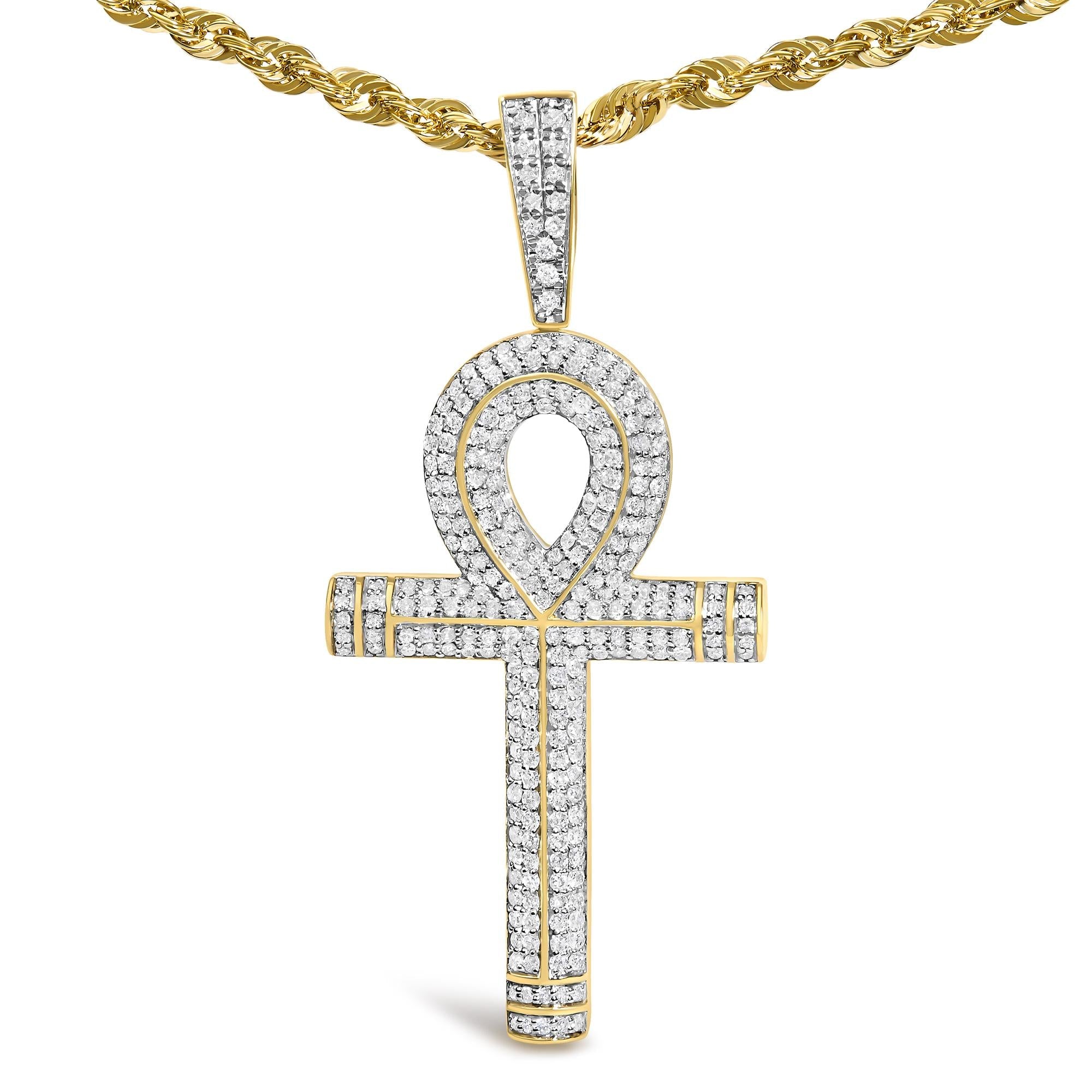 10K Yellow Gold 1 7/8 Cttw Round Diamond Ankh Cross Pendant Necklace for Men (H-I Color, SI1-SI2 Clarity)