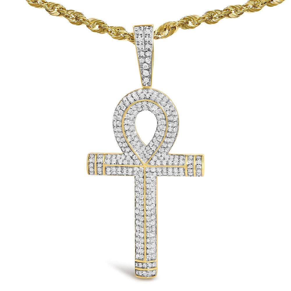10K Yellow Gold 1 7/8 Cttw Round Diamond Ankh Cross Pendant Necklace for Men (H-I Color, SI1-SI2 Clarity)