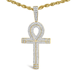 10K Yellow Gold 1 7/8 Cttw Round Diamond Ankh Cross Pendant Necklace for Men (H-I Color, SI1-SI2 Clarity)