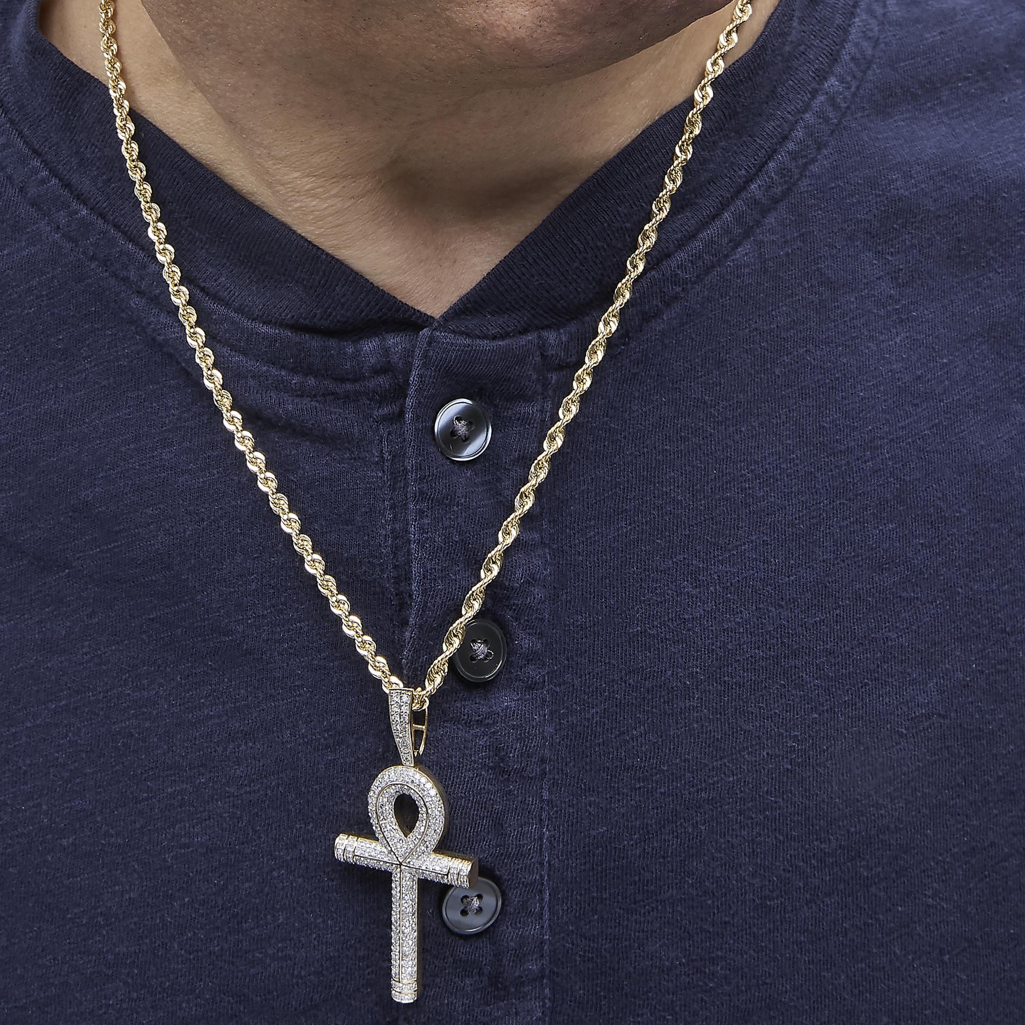 10K Yellow Gold 1 7/8 Cttw Round Diamond Ankh Cross Pendant Necklace for Men (H-I Color, SI1-SI2 Clarity)