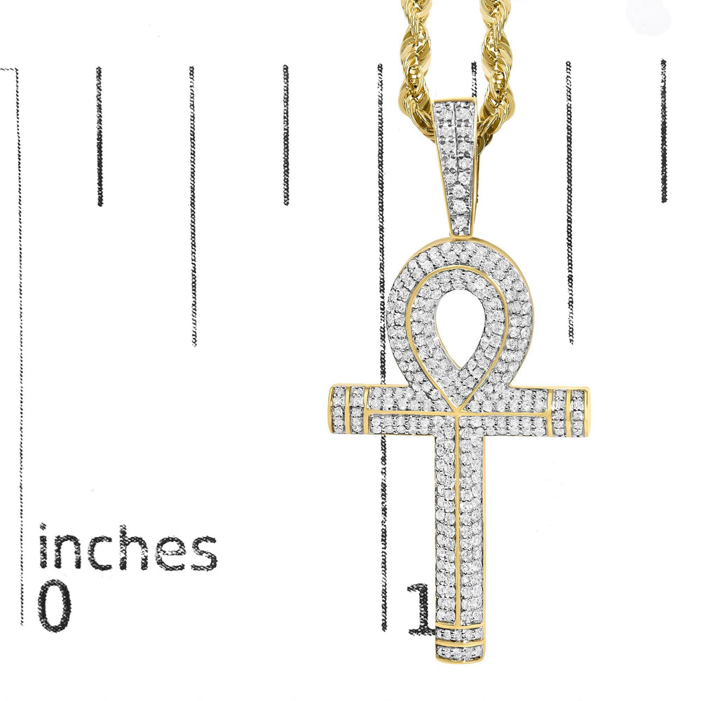 10K Yellow Gold 1 7/8 Cttw Round Diamond Ankh Cross Pendant Necklace for Men (H-I Color, SI1-SI2 Clarity)