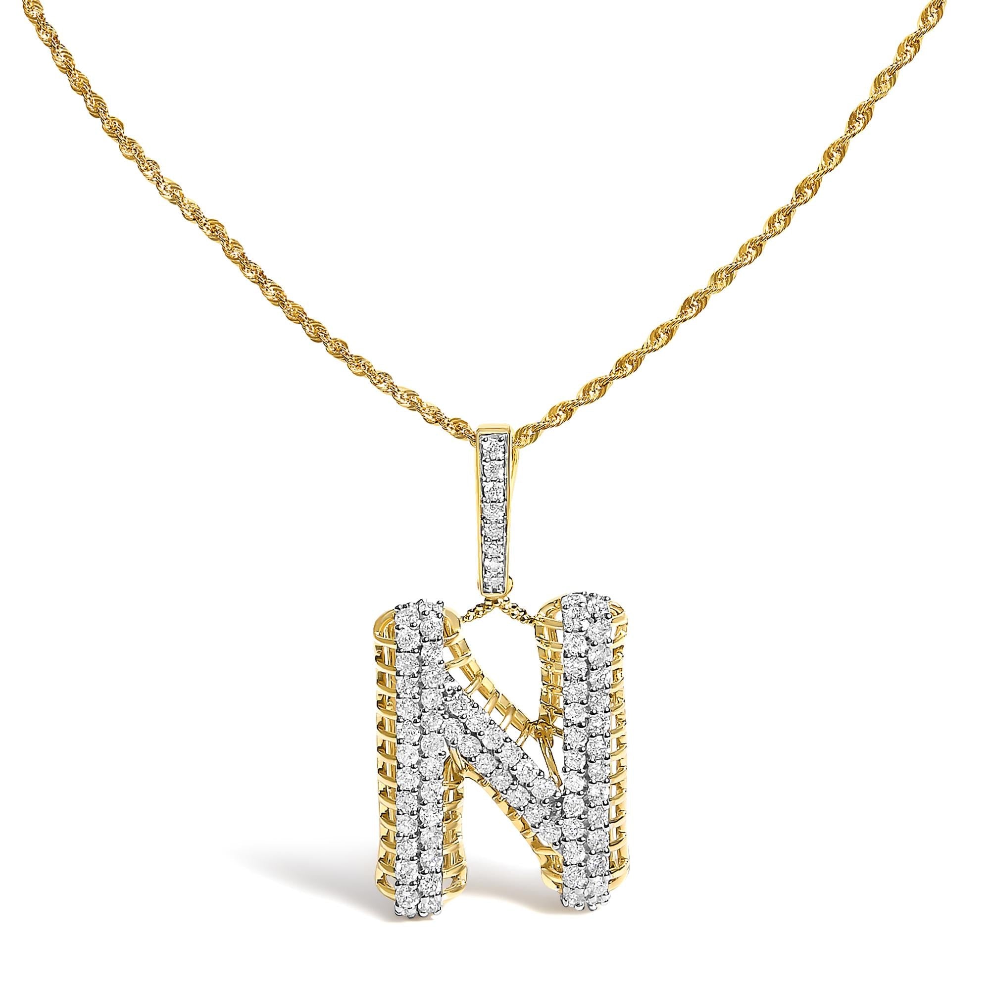 Men's 10K Yellow Gold 1 1/2 Cttw Diamond Letter N Initial Pendant Necklace