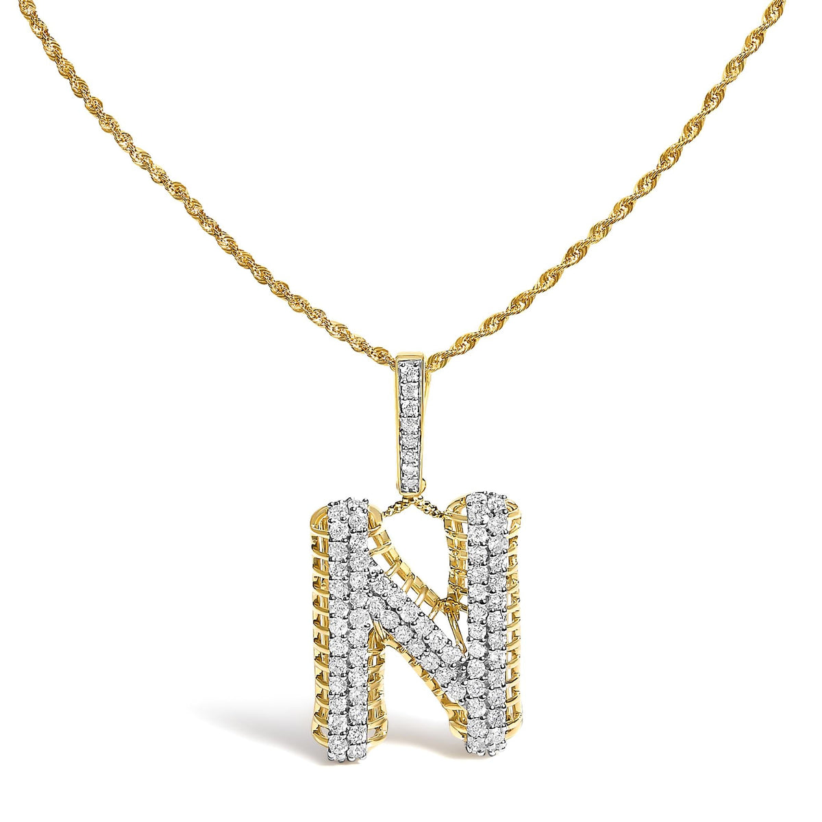 Men's 10K Yellow Gold 1 1/2 Cttw Diamond Letter N Initial Pendant Necklace