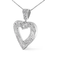 .925 Sterling Silver 1.00 Cttw Baguette and Round Diamond Open Heart Pendant Necklace