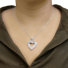 .925 Sterling Silver 1.00 Cttw Baguette and Round Diamond Open Heart Pendant Necklace