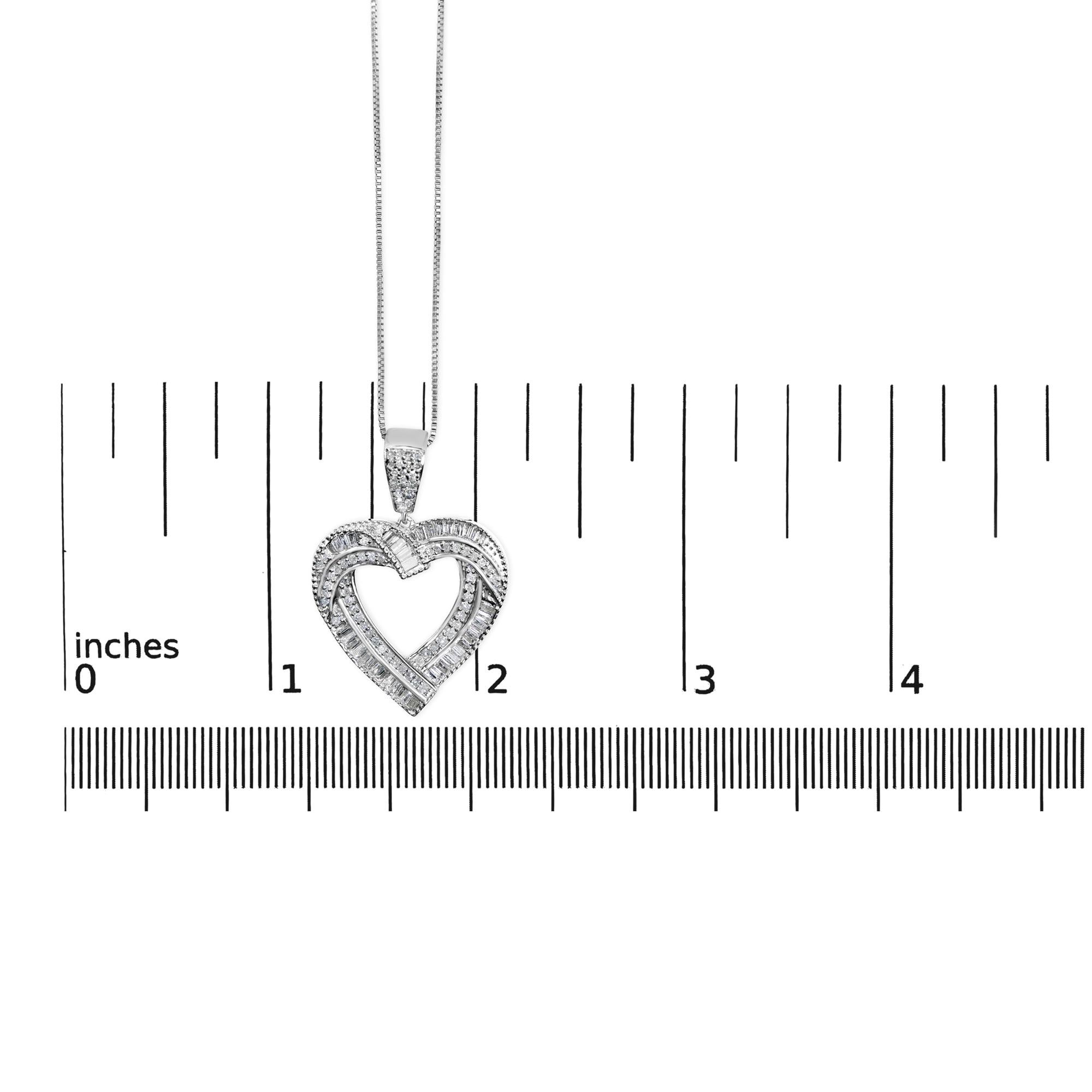 .925 Sterling Silver 1.00 Cttw Baguette and Round Diamond Open Heart Pendant Necklace