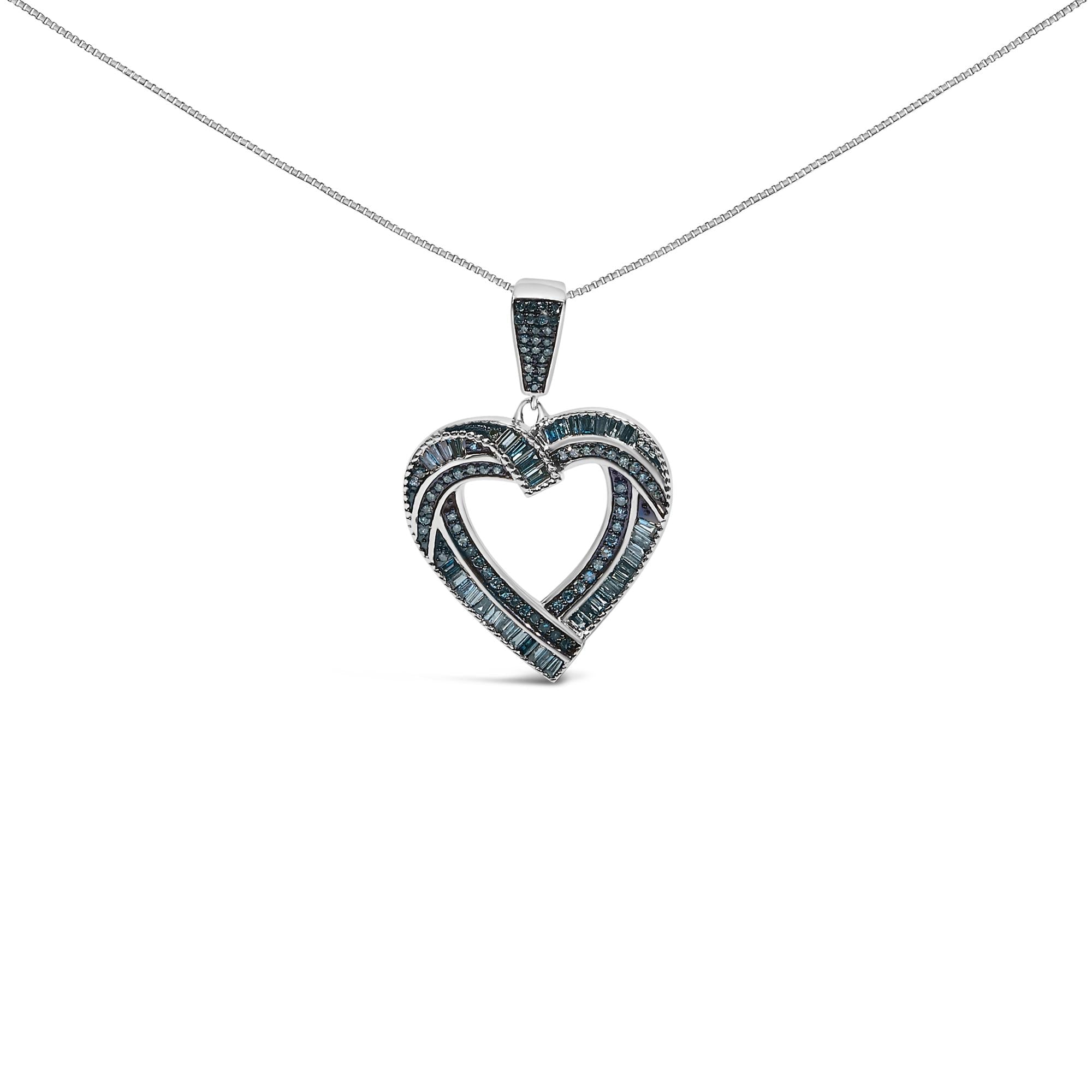.925 Sterling Silver 1.00 Cttw Baguette and Round Blue Diamond Open Heart Pendant Necklace