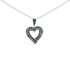 .925 Sterling Silver 1.00 Cttw Baguette and Round Blue Diamond Open Heart Pendant Necklace