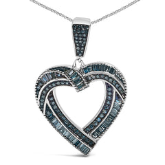 .925 Sterling Silver 1.00 Cttw Baguette and Round Blue Diamond Open Heart Pendant Necklace