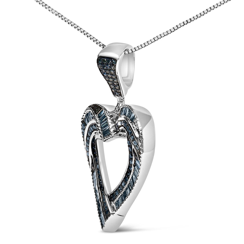 .925 Sterling Silver 1.00 Cttw Baguette and Round Blue Diamond Open Heart Pendant Necklace