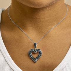 .925 Sterling Silver 1.00 Cttw Baguette and Round Blue Diamond Open Heart Pendant Necklace