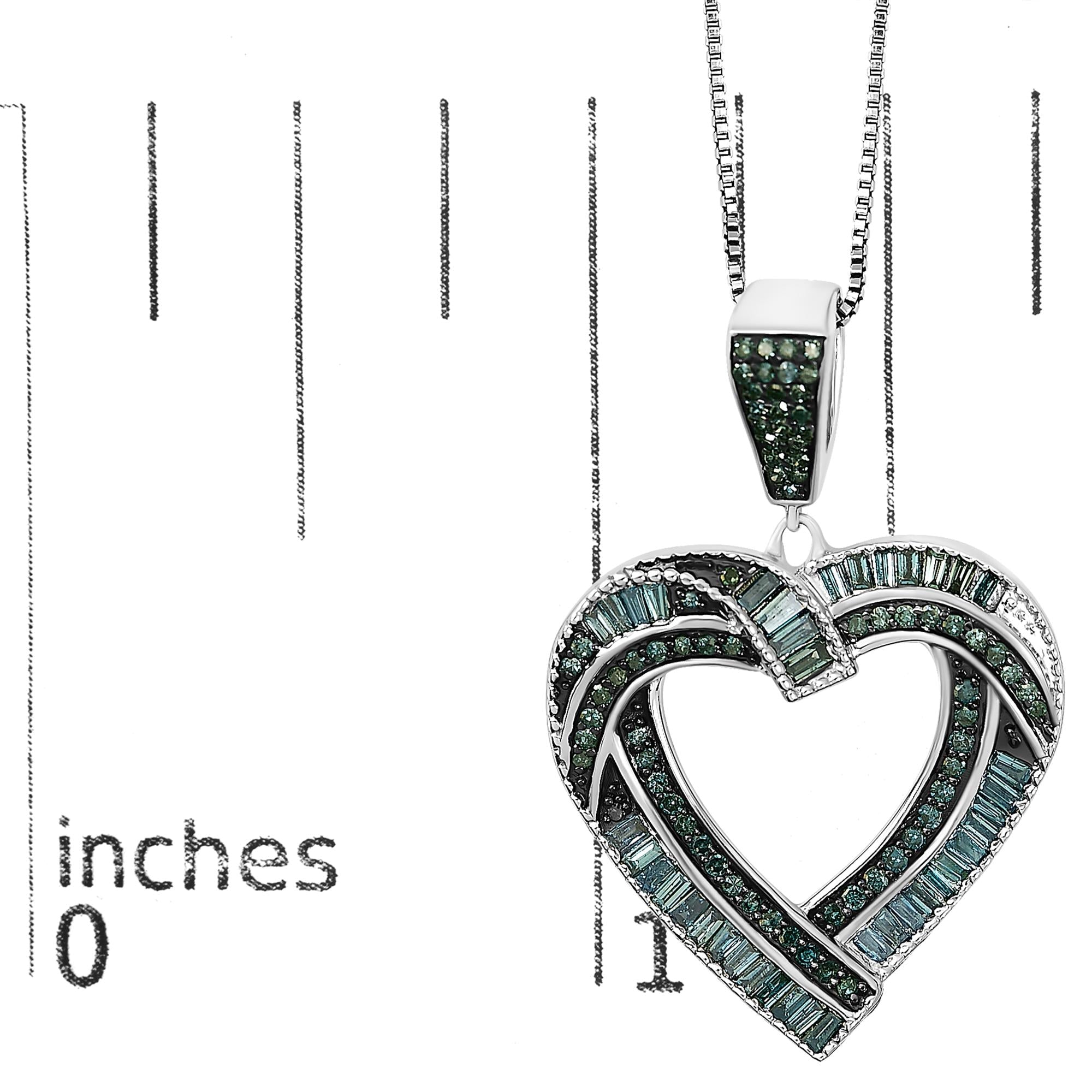 .925 Sterling Silver 1.00 Cttw Baguette and Round Blue Diamond Open Heart Pendant Necklace