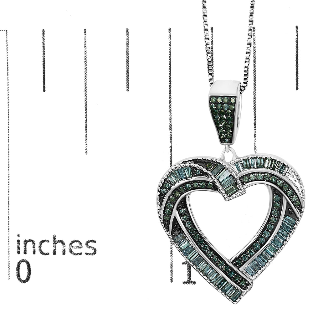 .925 Sterling Silver 1.00 Cttw Baguette and Round Blue Diamond Open Heart Pendant Necklace