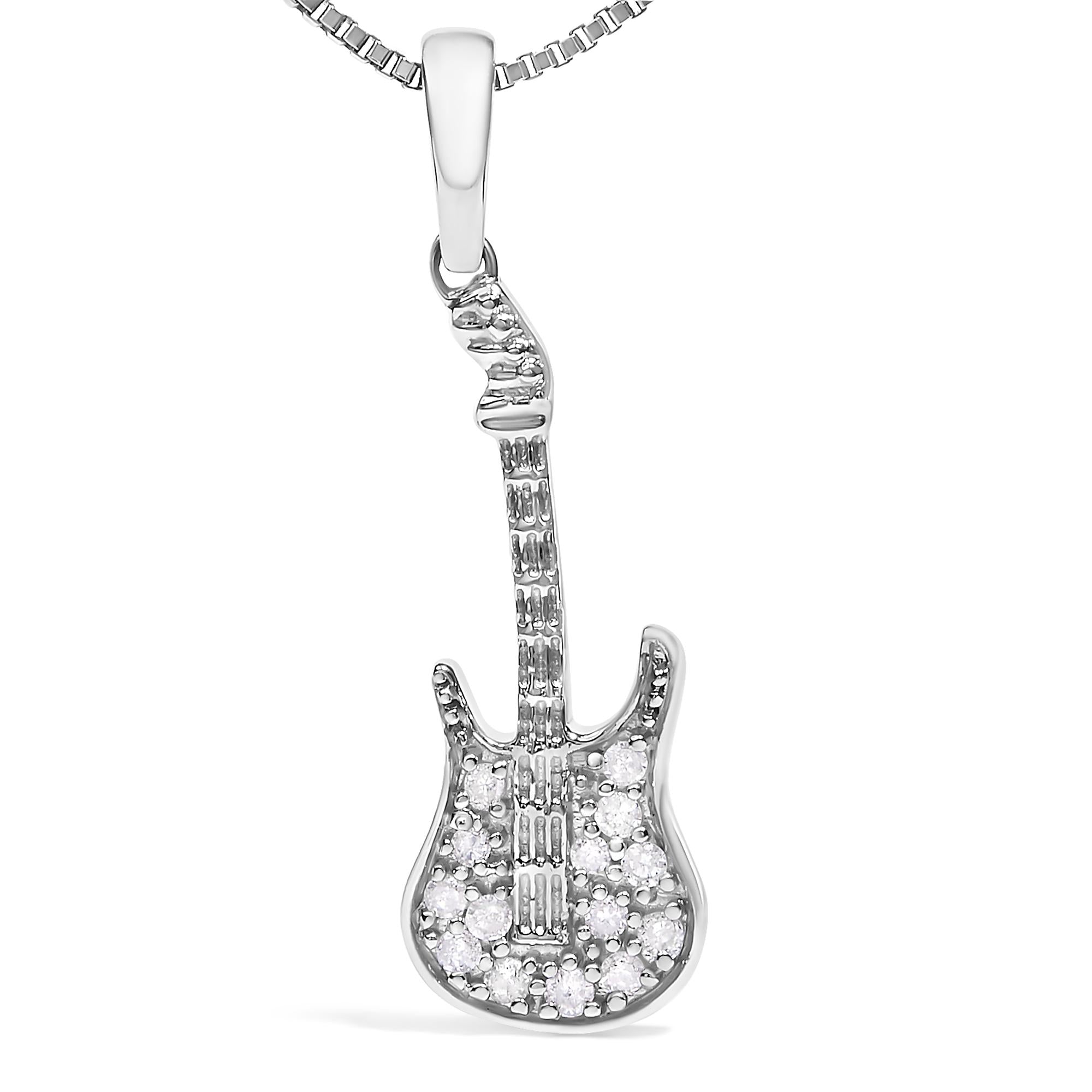 .925 Sterling Silver 1/10 Cttw Diamond Studded Guitar Pendant Necklace (I-J Color, I2-I3 Clarity) - 18" Inches