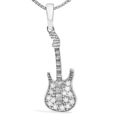 .925 Sterling Silver 1/10 Cttw Diamond Studded Guitar Pendant Necklace (I-J Color, I2-I3 Clarity) - 18" Inches