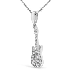 .925 Sterling Silver 1/10 Cttw Diamond Studded Guitar Pendant Necklace (I-J Color, I2-I3 Clarity) - 18" Inches