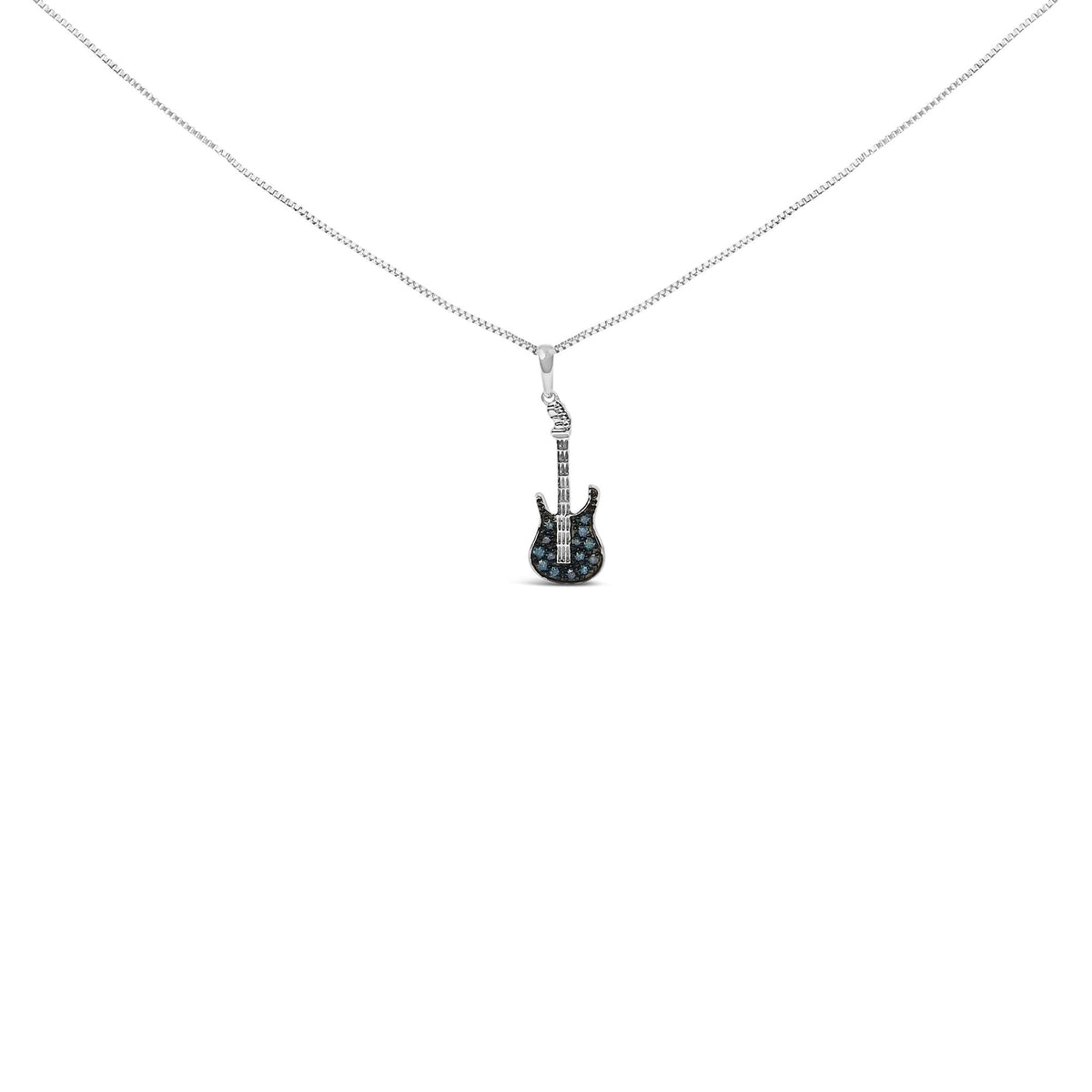 925 Sterling Silver 1/10 Cttw Treated  Diamond Guitar 18" Pendant Necklace (Blue Color, I2-I3 Clarity)