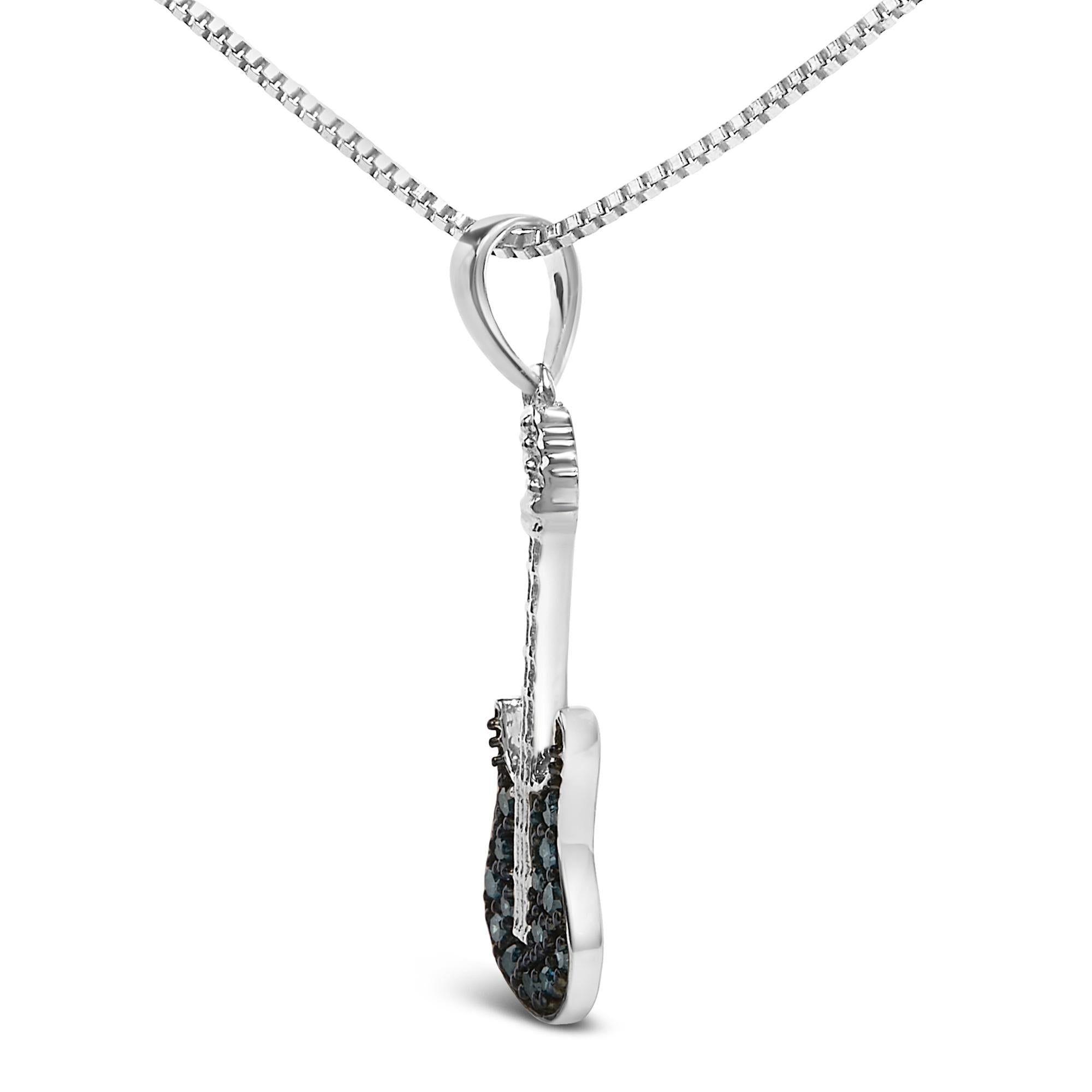 925 Sterling Silver 1/10 Cttw Treated  Diamond Guitar 18" Pendant Necklace (Blue Color, I2-I3 Clarity)