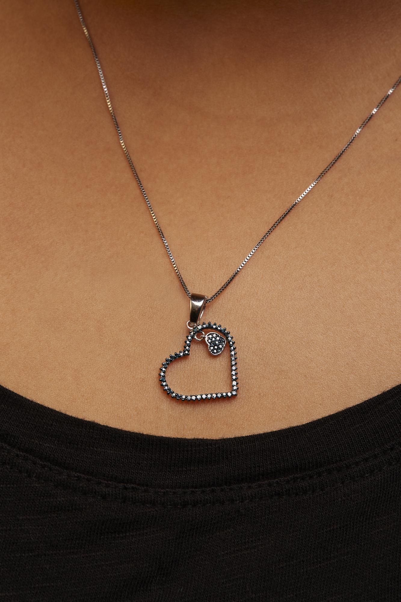 925 Sterling Silver 1/3ct TDW  Blue Treated  Diamond Heart Pendant Necklace