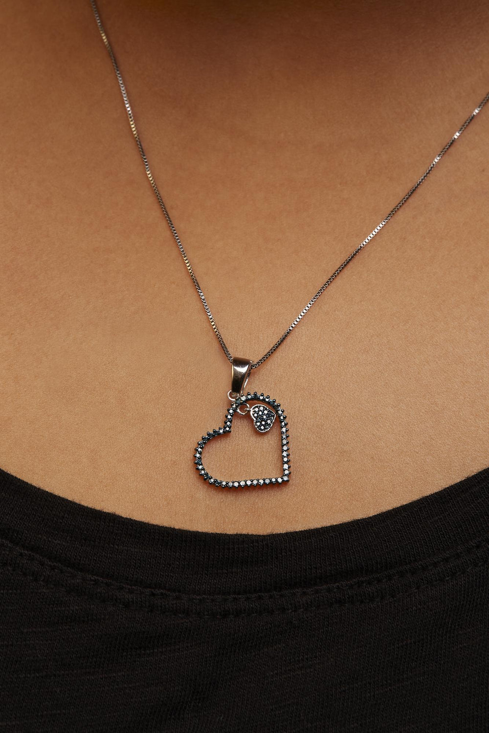 925 Sterling Silver 1/3ct TDW  Blue Treated  Diamond Heart Pendant Necklace